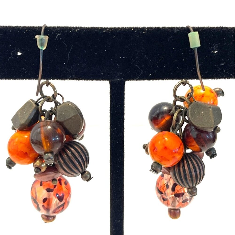 Y2K Leopard Amber Brown Orange Beaded Necklace Earring Set Boho Autumn Statement - Picture 11 of 12